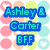 Pixelated graphic with pastel circles and hearts, featuring blue text reading "Ashley & Carter BFF" over a of colored shapes