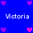 Blue background with repeated white text 'Victoria' and pink/purple heart icons arranged in a pattern