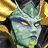 Pixelated green-skinned character with blue facial markings, yellow eyes, and golden horns against a dark background.