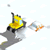 Pixelated image of a gray dolphin with yellow and black accents swimming left, holding a blue and orange object in its mouth against a light blue sky with white clouds.