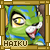 Green cartoon character with yellow eyes and white whiskers in a blue and brown outfit, displayed in a with 'HAIKU' text below each frame