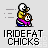 Pixel art animation of two characters: a skeletal figure in yellow shirt and blue pants riding a brown-haired figure in pink top and blue pants, with text "IRIDEFAT CHICKS" below.