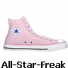 Six high-top sneakers with 'All-Star-Freak' text below each, featuring varied patterns and colors including pink, white, black, blue, and orange.