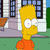 Bart Simpson stands in front of a house with green grass and a windowed facade, wearing an orange shirt.