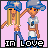 Pixel art contact sheet of four animated frames showing two cartoon characters with blonde hair and blue hats holding hands against a pink background, each frame labeled "IN LOVE" in black text.