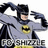 Batman character in gray suit with yellow bat symbol, arms raised in dynamic pose, text 'FG SHIZZLE' below on white background.