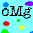 Pixelated 'OMg' text with colorful star-shaped icons on a light blue checkered background.