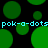Green circular dots of varying sizes on black background with repeating cyan text "pok-a-dots" across two horizontal bands.