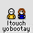 Pixel art of two figures in yellow and blue clothing with brown hair, standing side-by-side on a gray background beneath text reading "Itouch yobootstrap".