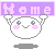 Pixelated character with pink cheeks holds purple banner reading 'Home' against gray background.