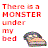 Six identical cartoon beds with a monster under the bed, each paired with text in different colors: red, orange, yellow, green, blue, purple.