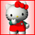 Static pixelated cartoon of a white cat-like character with red bow, green sleeves, and red overalls on pink background.
