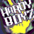 Pixelated text and abstract shapes on dark blue background with yellow, purple, green accents.