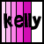 A static image with vertical pink and white stripes, featuring the word 'kelly' in black pixelated text over a gradient background.