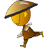 Pixelated character with large yellow head, brown conical hat with black band, brown outfit, and one leg extended in motion against gray background.