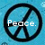 Blue background with black peace symbol and white text 'Peace.'; green heart with black outline and black text 'Love.'; blue arrow and black text 'Happiness.' on white background.
