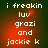 Pixelated text reads 'i freakin luv grazi and jackie k' on a dark green background with red gradient, displayed in four identical