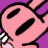 A pink cartoon character with black oval eyes and a purple background, partially cropped at the edges.