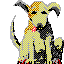 Pixelated dog with yellow body, black ears and paws, orange head pattern, pink collar bow, sitting on gray background with red accents.