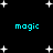Black background with scattered white stars and four instances of cyan text reading 'magic' in pixelated font.