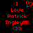 Red pixelated text and symbols on black background: 'I' with heart symbol, 'Love Patrick Ingley!!!!', and '<33' in two identical side-by-side