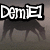 Animated sequence showing a dark horse silhouette walking left to right across a muted background with 'DemiEl' text overlay.