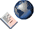 Pixelated blue and white globe with -patterned document and envelope icons in various arrangements on gray background