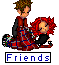 Pixel art of two characters in a red plaid outfit with brown hair and black sleeves, surrounded by floating hearts.