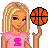 Pixel art contact sheet showing a blonde doll character in pink sportswear with basketball props and text reading "I love basketball!" across multiple frames.