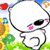 Two cartoonish white skulls with black outlines face each other on a grassy field, each with pink cheek spots and black eye sockets, under a blue sky with red hearts and orange flowers.