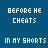 Static pixel art of white text phrases on a solid blue background, arranged in five and five with repeated 'IN MY SHORTS' entries