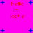 A bright pink background with blue plus signs and red text reading 'hello im katie' in four identical quadrants, with subtle pixel variations between observations.