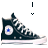 Four pixelated display a black high-top sneaker with white laces and a blue star logo, each showing different text above the shoe