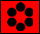 Six red and black pixelated icons arranged in two , each with circular or gear-like patterns featuring white centers