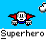 Animated contact sheet of a pixel art superhero icon with multiple frames showing flying motion and background changes over blue sky, houses, and clouds.