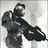 Black-and-white pixelated image of a person holding a rifle, with orange background and blue text reading "ME" above and "With Battle rifle = own" below.