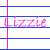 Pixelated pink text 'Lizzie' appears twice on a white with blue and pink lines, with a small pink heart in the bottom-right corner