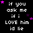 Black background with white pixelated text repeating 'if you ask me if i LOVE him id lie' and scattered purple stars, one gray square in bottom-right corner.
