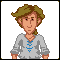Pixel art of a person with brown curly hair, light skin, and a neutral expression wearing a gray shirt with blue accents on a plain background.