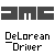 Gray background with dark gray block letters 'AMC' above pixelated black and white text reading 'DeLorean Driver'.