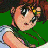 Pixelated close-up of a character with dark hair and green eyes, wearing a green top against a solid green background.