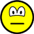 Yellow circular face with black outline, white eyes with black pupils, and straight black mouth on gray background.