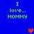Blue background with green text reading "I love... MOMMY" in four corners and two pixelated hearts in the center.