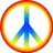A circular peace symbol with rainbow gradient fills and orange border, above a pixelated text block on multicolored square background.
