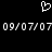 A black background displays a white pixelated heart symbol above repeating white pixelated text reading "09/07/07" in two identical sequences.