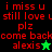 Red text on green and black backgrounds reads 'i miss u still love u plz come back alexis' with a star symbol replacing the final letter of 'alexis'.