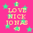 A static image with a bright pink background, green stars scattered throughout, and yellow text reading "I LOVE NICK JONAS" repeated four times with a small heart symbol below each phrase.