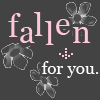 A static contact sheet of a 4x3 grid showing repeated frames from an animated icon featuring pink text "fallen" and white text "for you." with translucent flower graphics on a dark gray background, where the flowers' transparency and dot patterns change across sampled frames.