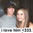 Two people stand close together against a dark background, with text at the bottom reading "I love him <3" in pixelated font.