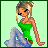 Animated contact sheet of a pixel-art character in green dress with changing text and poses across 25 sampled frames on light green background.
